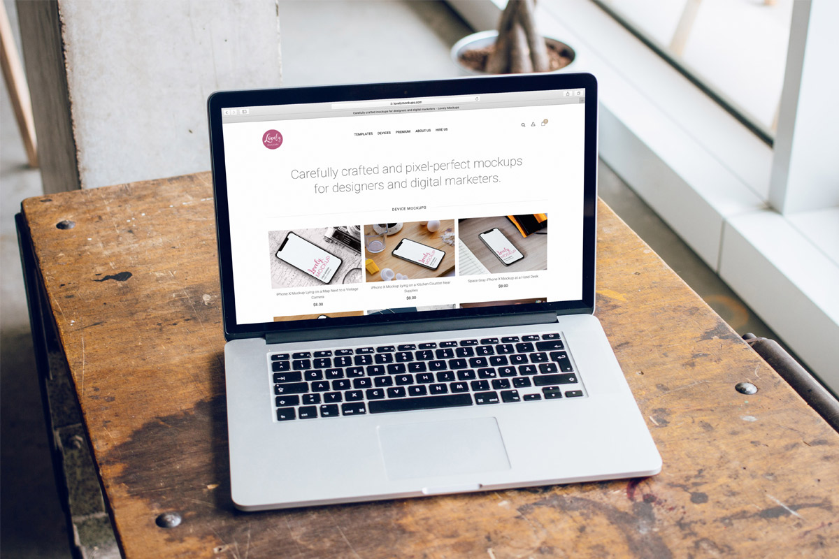 Macbook Mockup On Carpenter Desk - Lovely Mockups