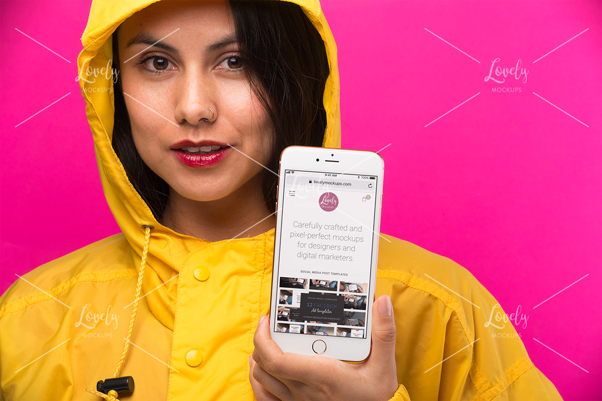 Mockup Of An Iphone And A Woman In A Yellow Raincoat Lovely Mockups