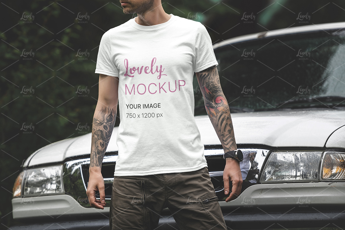 Download T Shirt Mockup And Man Standing In Front Of A Truck Lovely Mockups