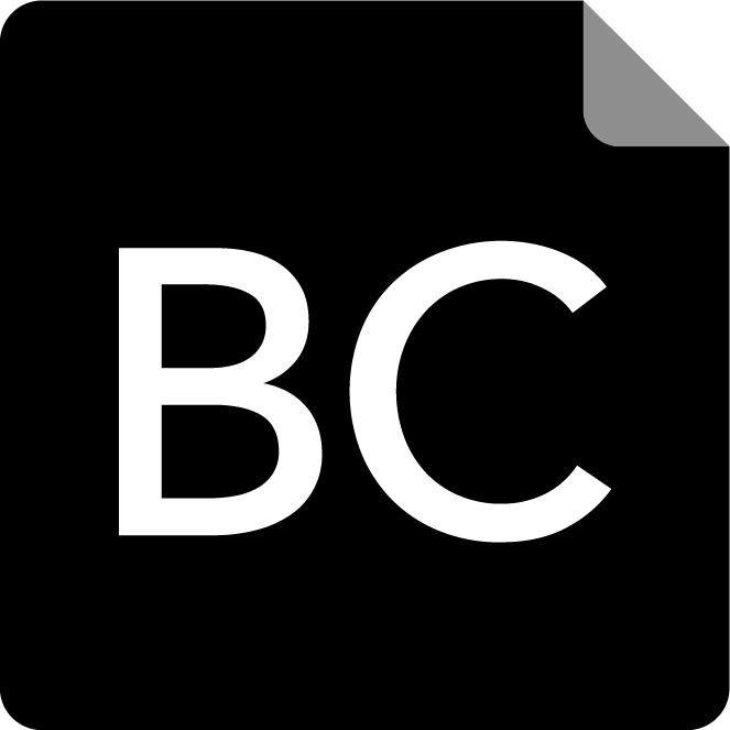 BC Notice icon. Black background with the top right corner folded and the letters “BC” in white in center.