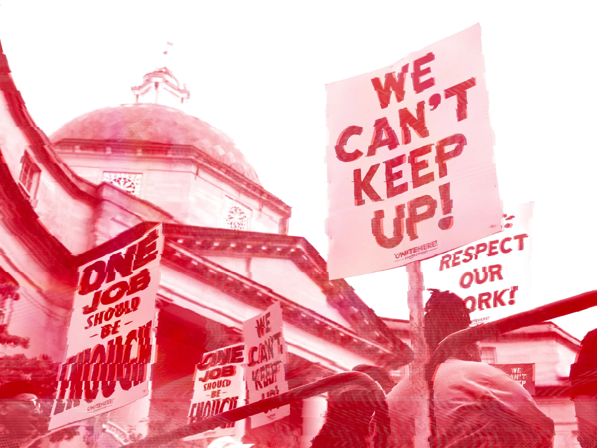 Rally signs: We Can't Keep Up, One Job Should Be Enough, and Respect Our Work