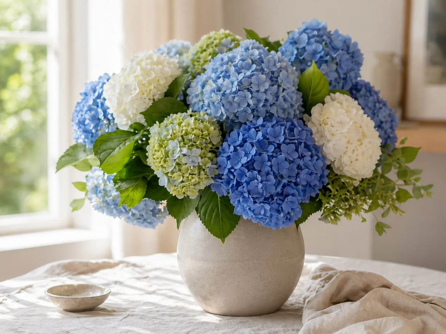 Blue and white hydrangeas arranged in a ceramic vase by a bright window