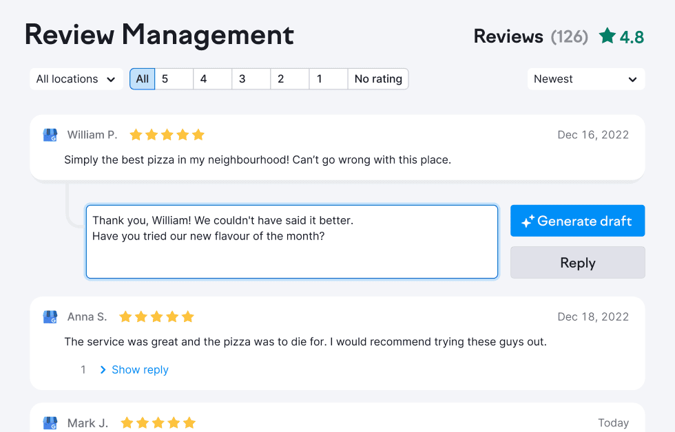 Antworte auf Rezensionen und überwache Einträge in mehr als 80 Verzeichnissen mit Semrush Feedbackmanagement.