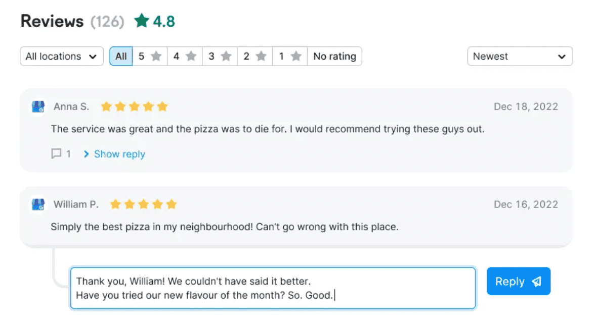 The interface for replying to Google reviews directly in Semrush’s Review Management