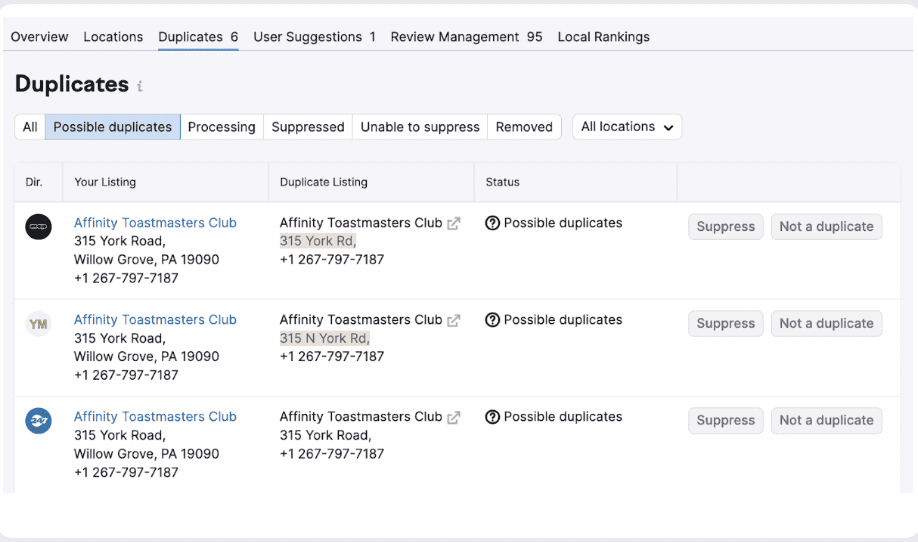 Duplicates interface in Semrush Local