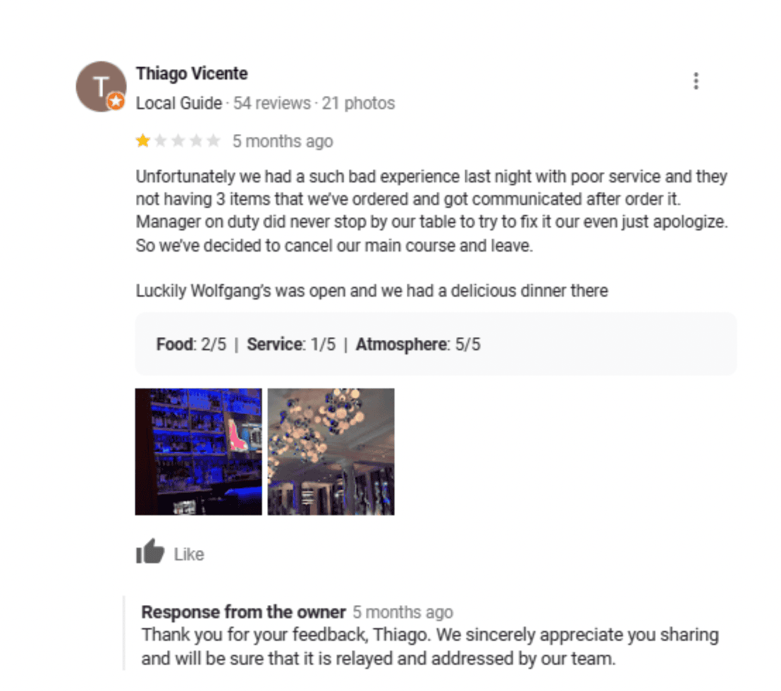 A 1-star Google review with an owner response