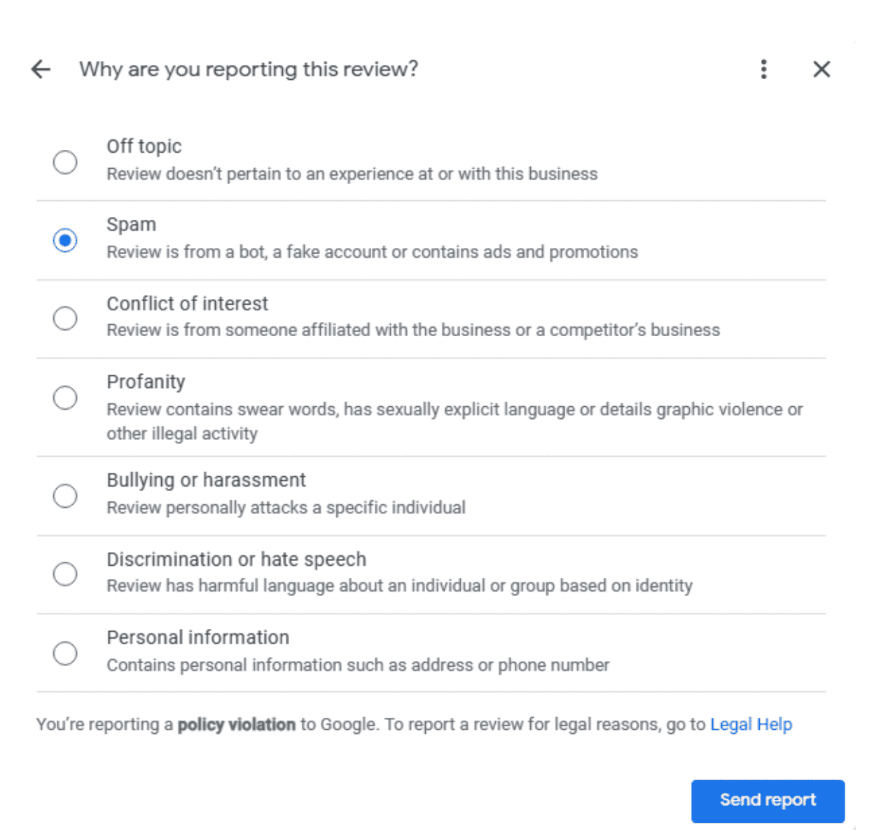 The Google review reporting interface