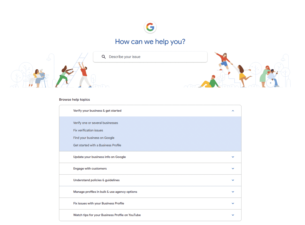 The homepage of the Google Business Profile Help Center