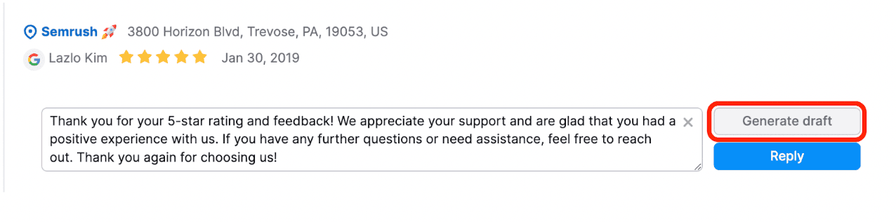 Generate text with the power of AI with Semrush Review Management