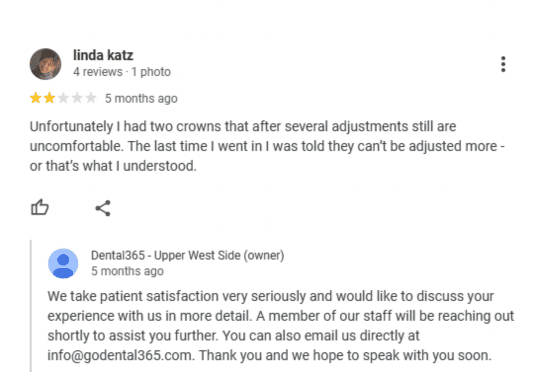 A response to a negative dentist review on Google