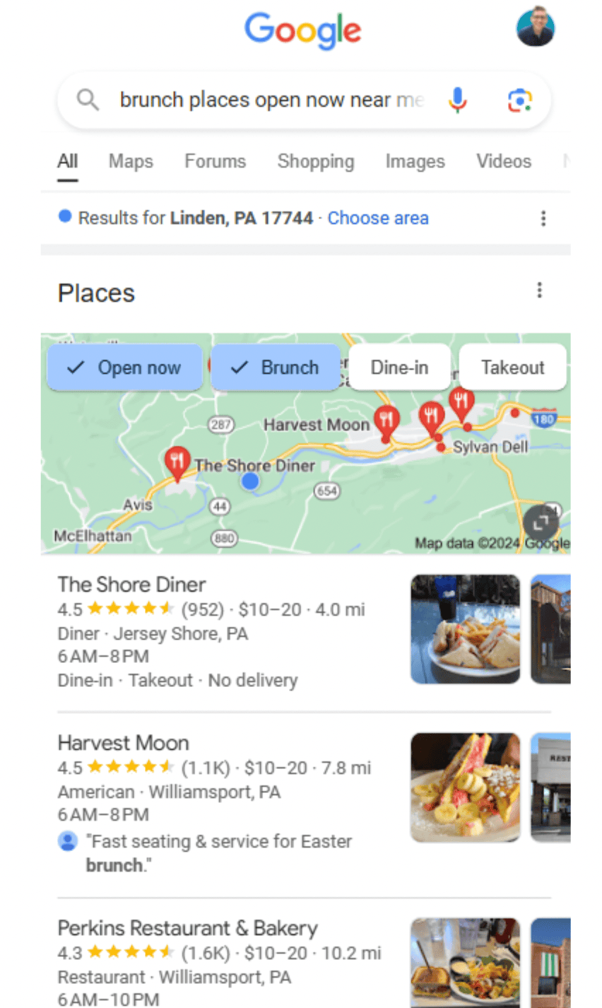 Google results for a local brunch place search