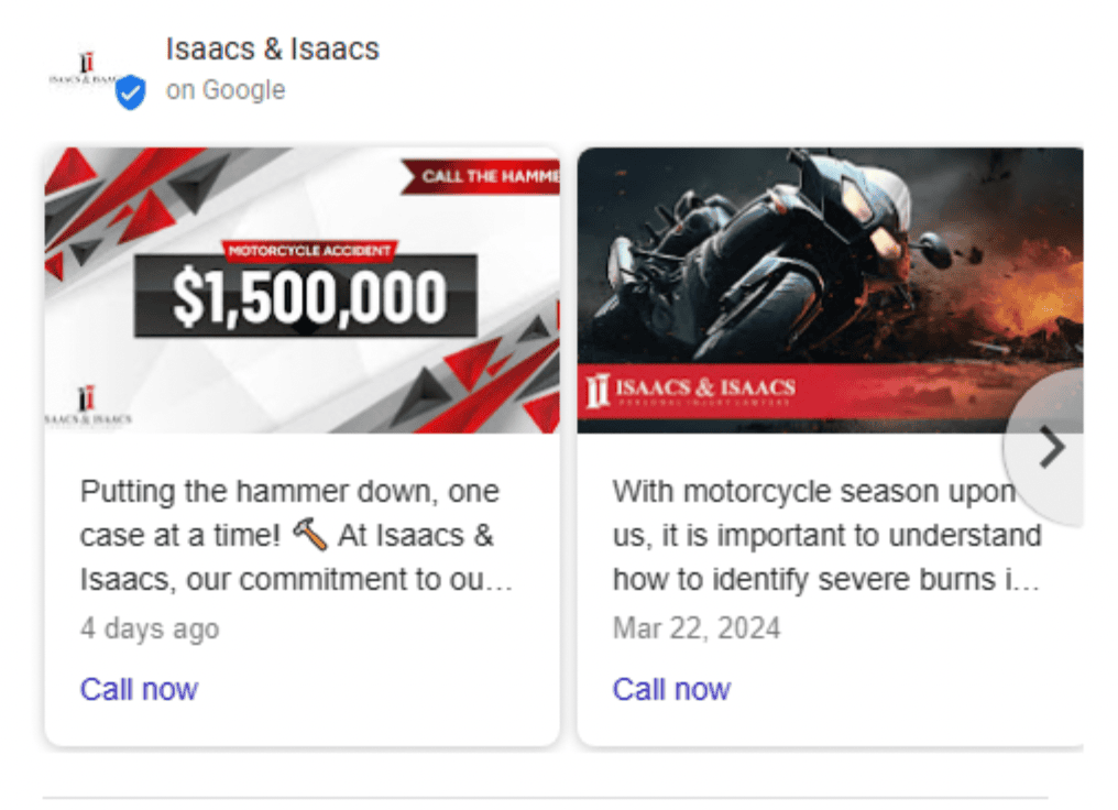 Google posts promoting services for a local law firm