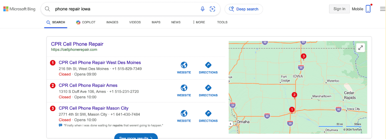 Screenshot of a phone repair search on Bing's network with results in Iowa