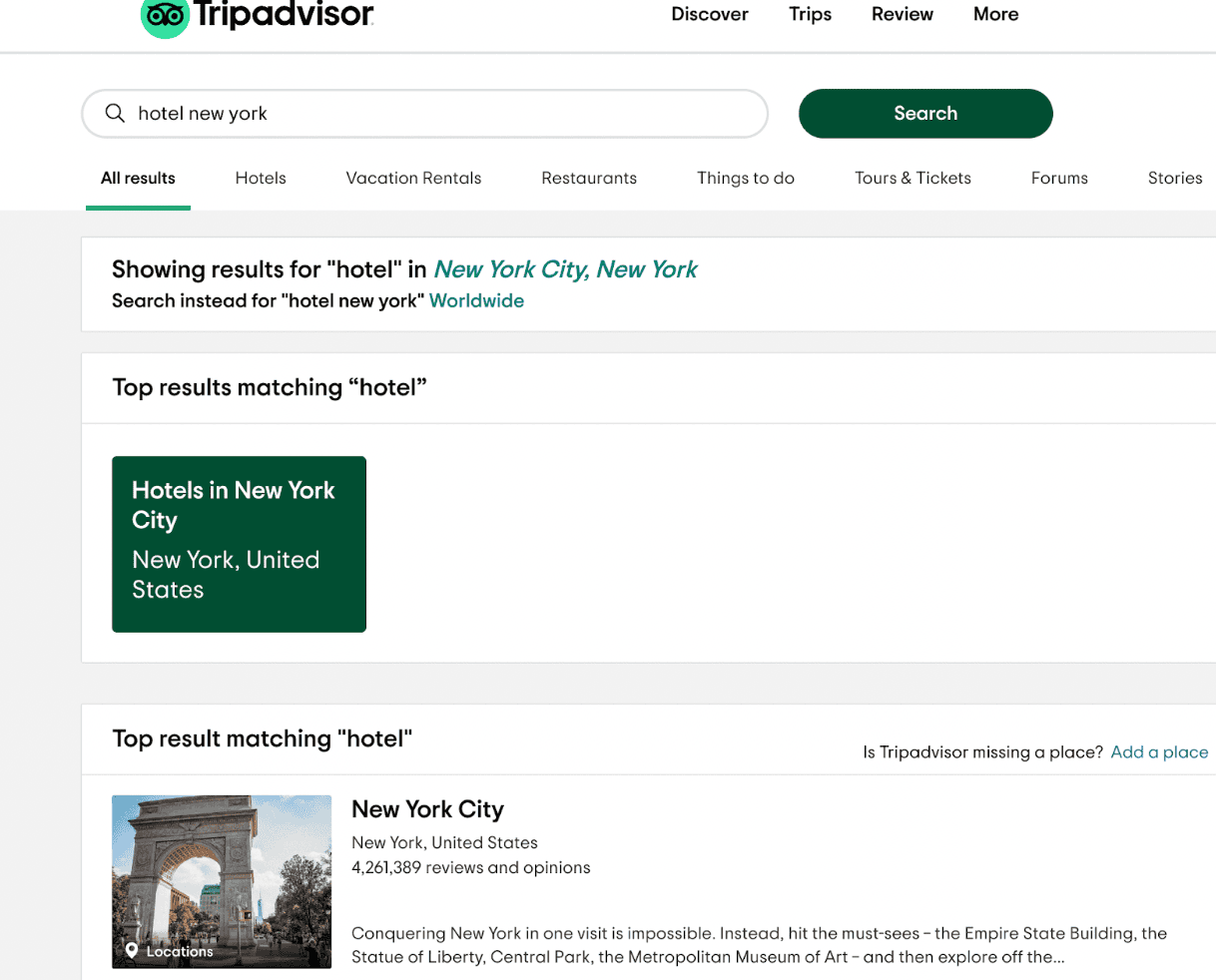 Alt: Tripadvisor's search results for a query regarding hotels in New York