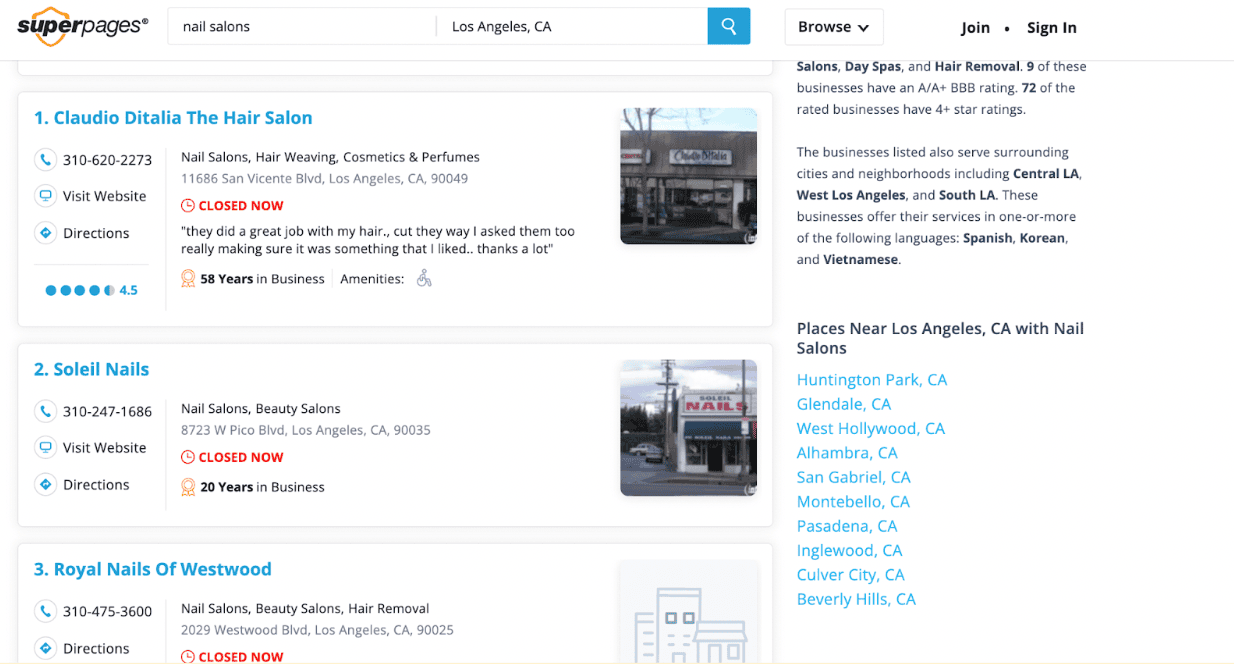 Visual of a list of local nail salons in Los Angeles you'll find by running a search.