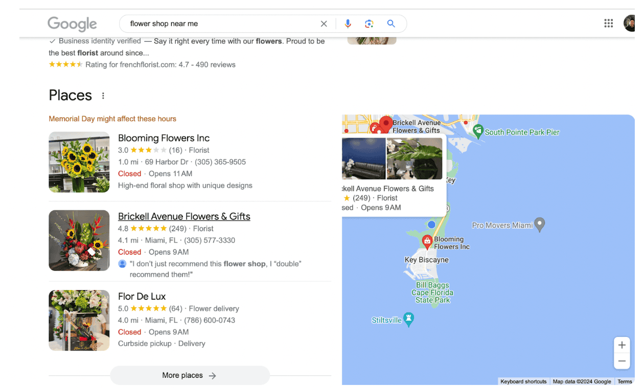A flower shop near me search in Key Biscayne, Florida shows three closed shops in the local pack 