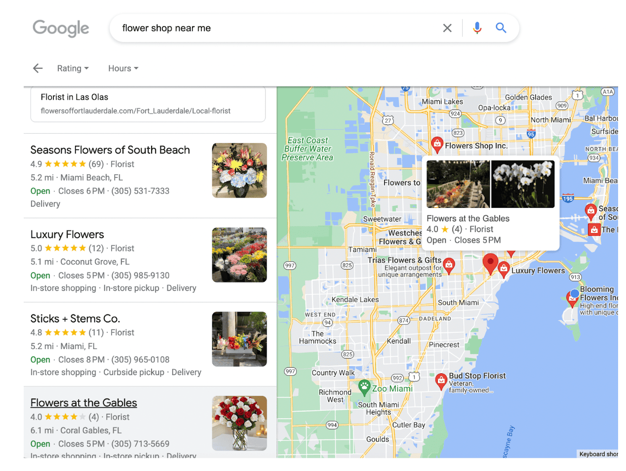 Upon clicking “more places” in the Local Pack, Local Finder highlighted a series of different flower shops near Key Biscayne that were open 