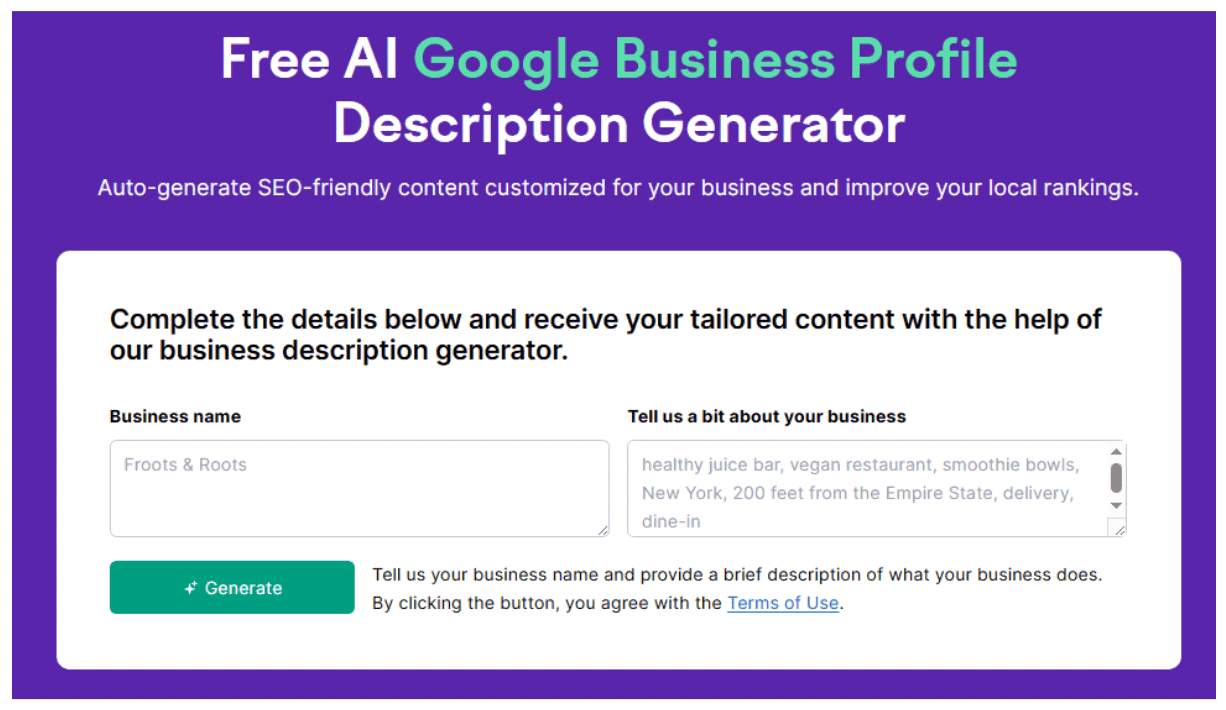The landing page for Semrush’s Free AI Google Business Profile Description Generator