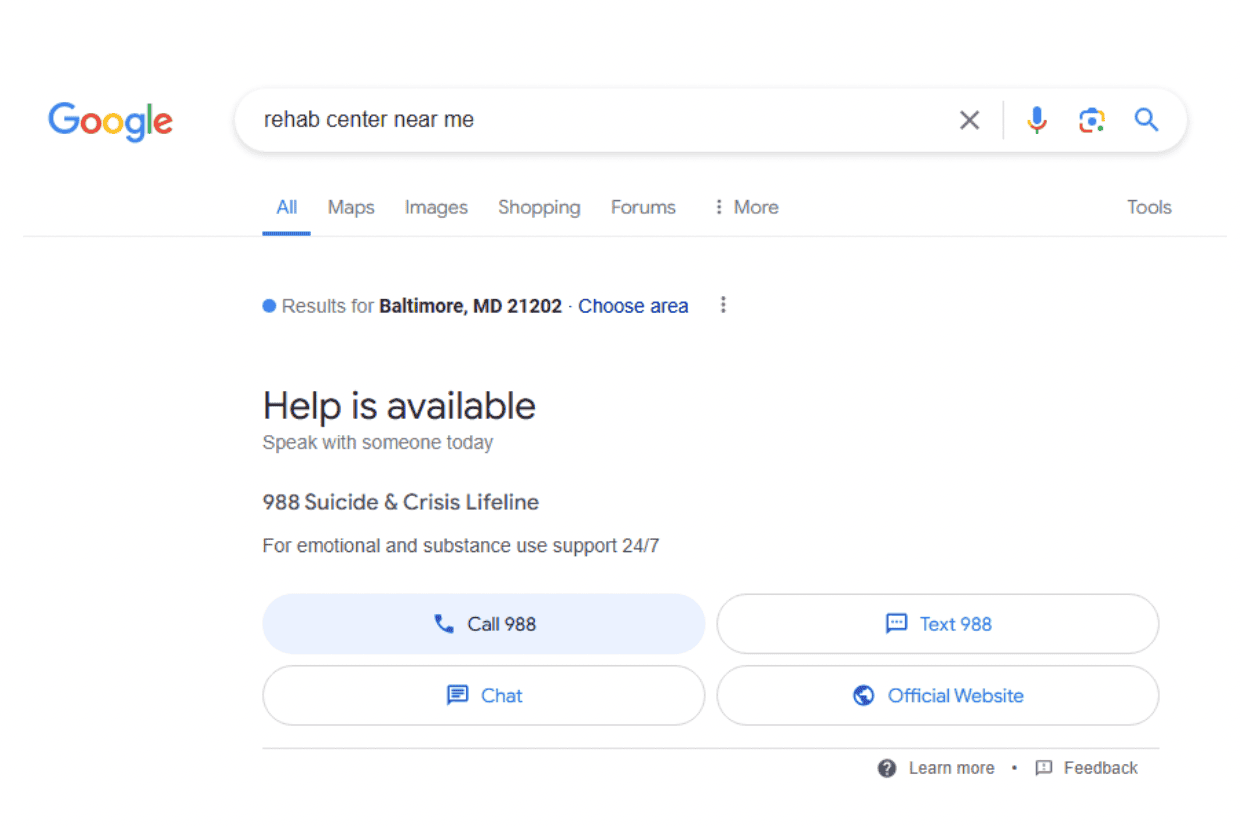 A helpline that appears as a search result for the term “rehab center near me”