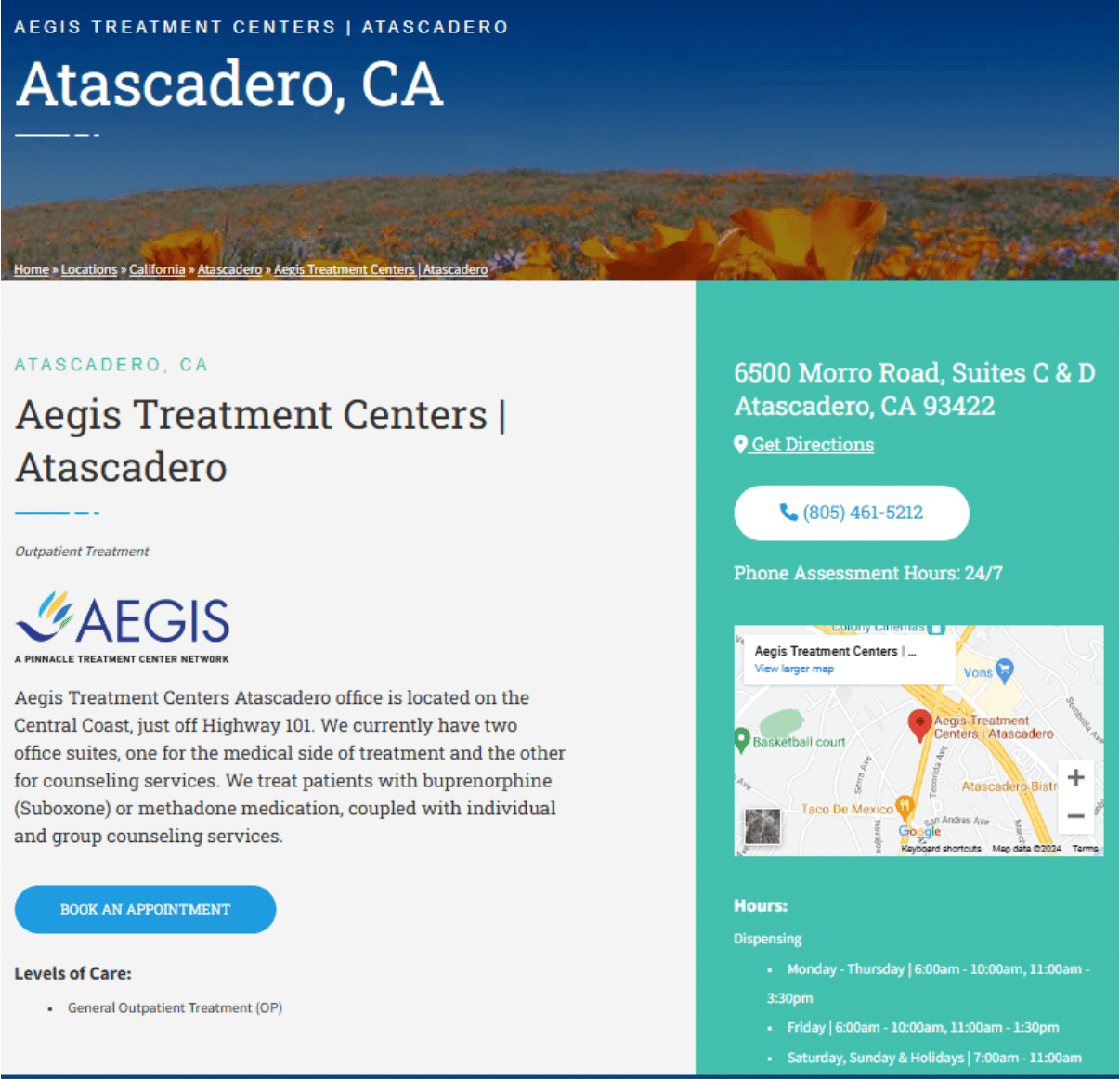 A local landing page for an addiction treatment center