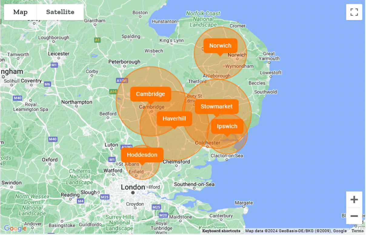 A Google Map with each of the company’s locations and service areas