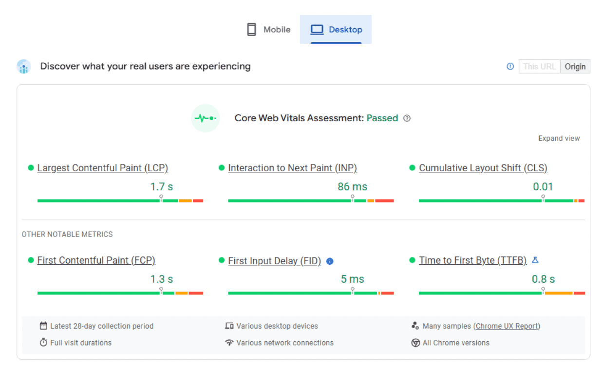 Results from Google’s Pagespeed Insights for a local SEO landing page