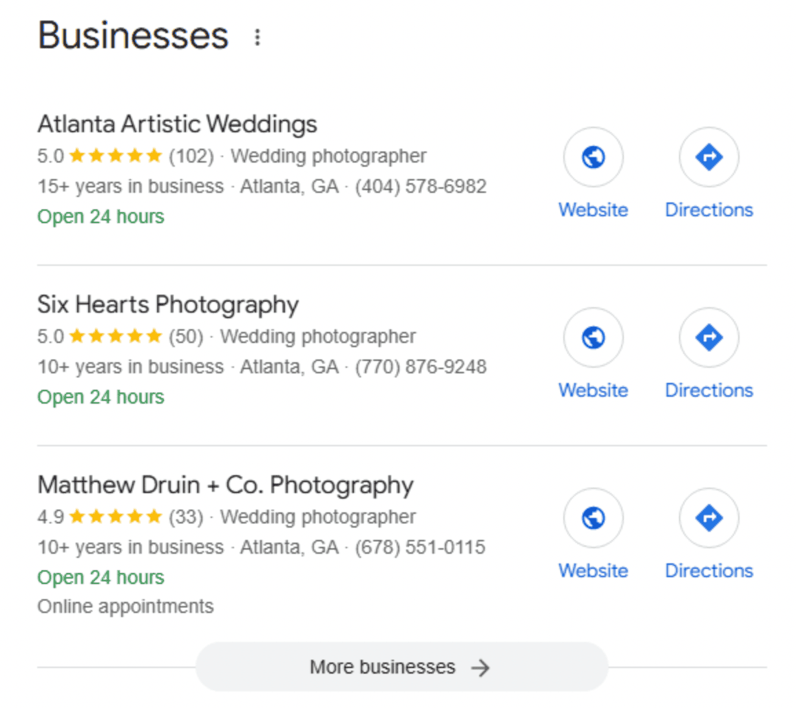 Google Local Pack results for local photographers in Atlanta