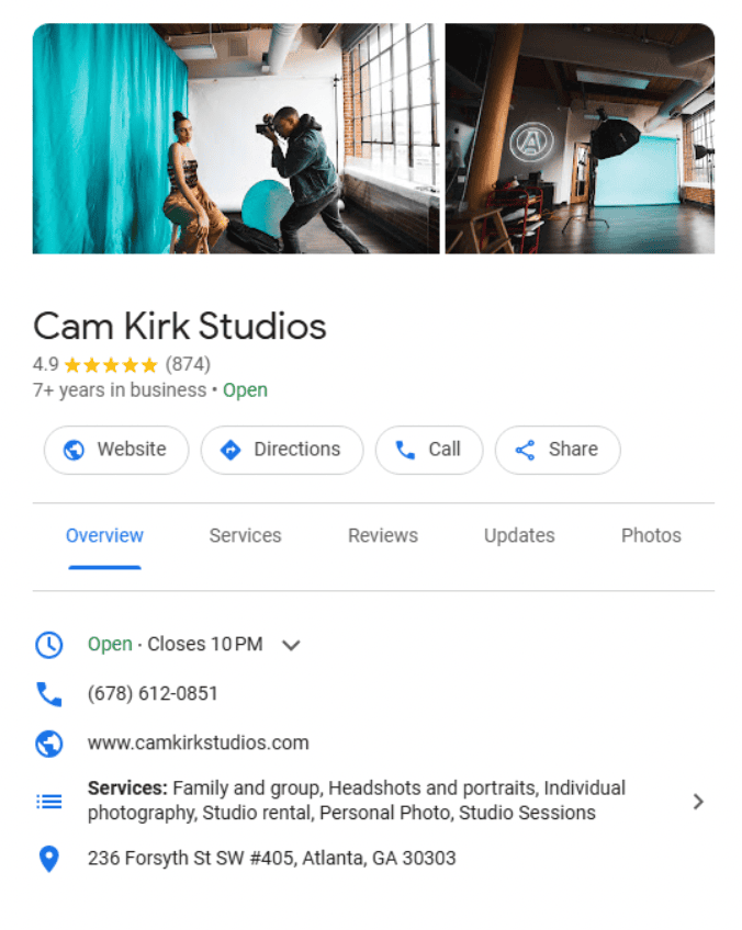 A Google Business Profile for a local photographer