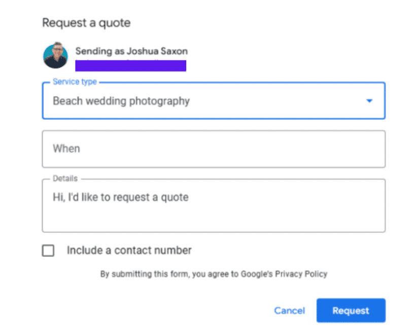 Photography service booking on Google Business Profile