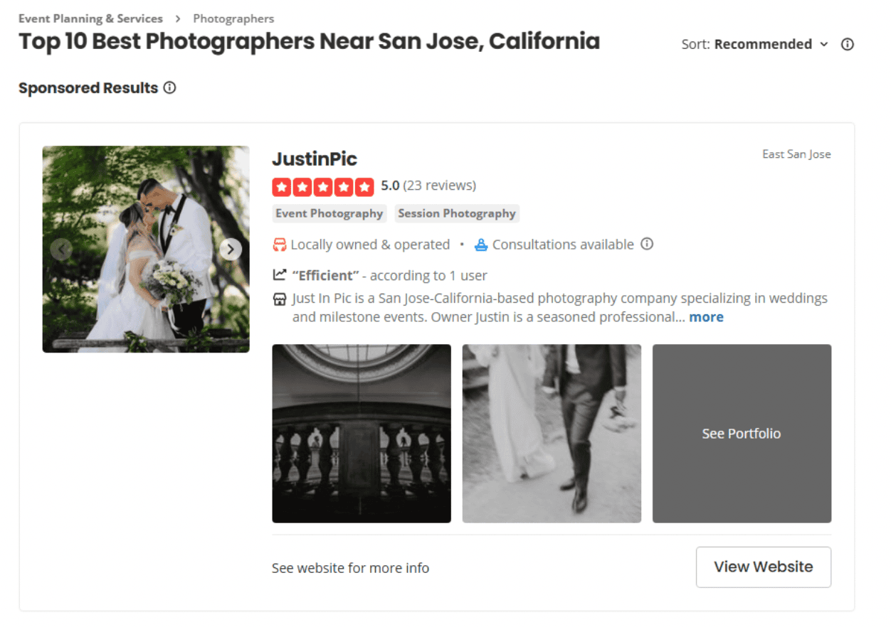 A Yelp directory listing for a local photographer 