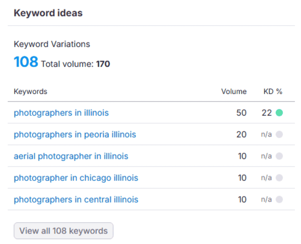 Semrush’s Keyword Overview tool results for local SEO keywords for a photography business