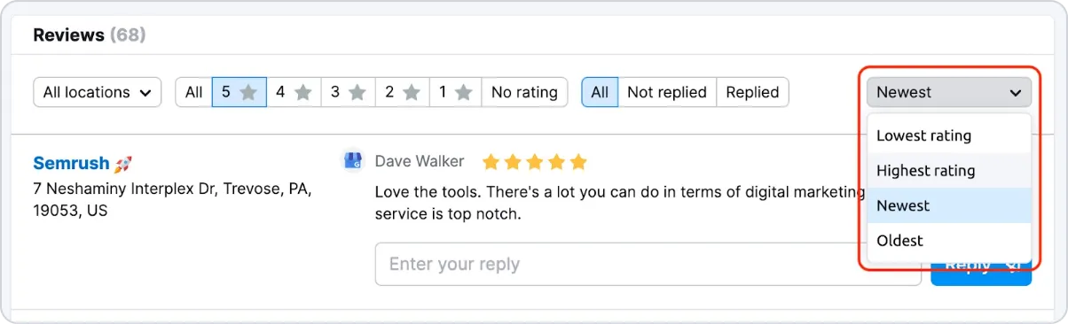 L'interfaccia di Semrush ti permette di imparare facilmente a rispondere alle recensioni su Google