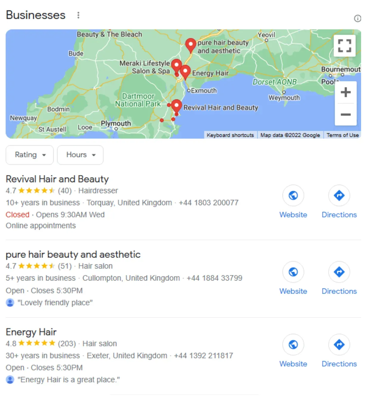 Local search rankings for hair salons in Devon, UK