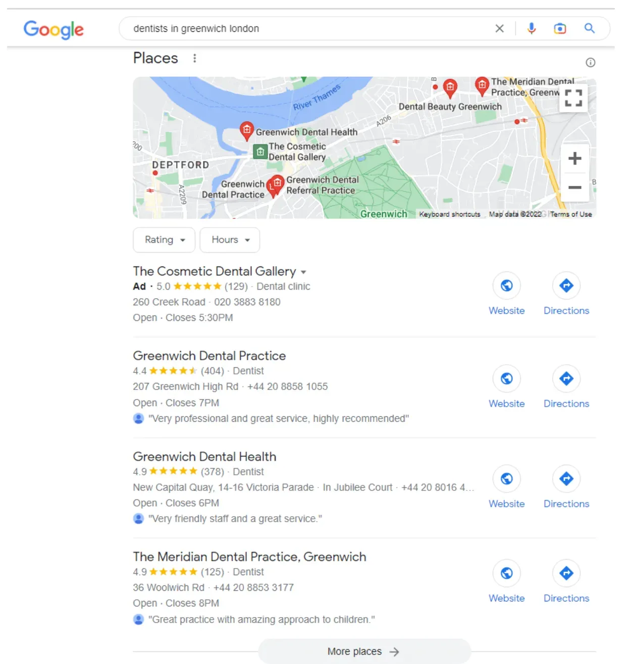 Results of a local search for dentists in Google’s Local Pack