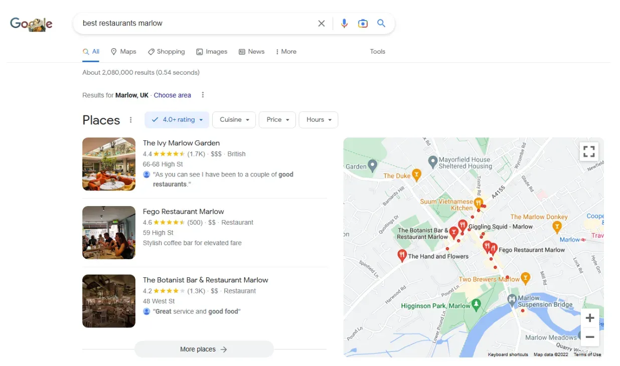 Ergebnisse im Local Pack von Google für eine Restaurantsuche