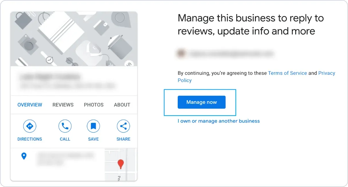 Click on the “Manage now” button to the right to start making changes to your Google Business listing. 