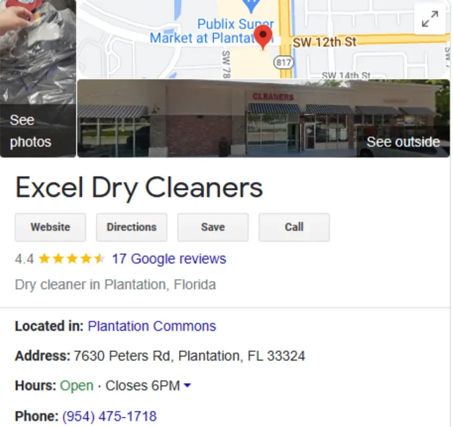 The Google Business Profile of a dry cleaning business in Florida, a key listing for local SEO for small businesses