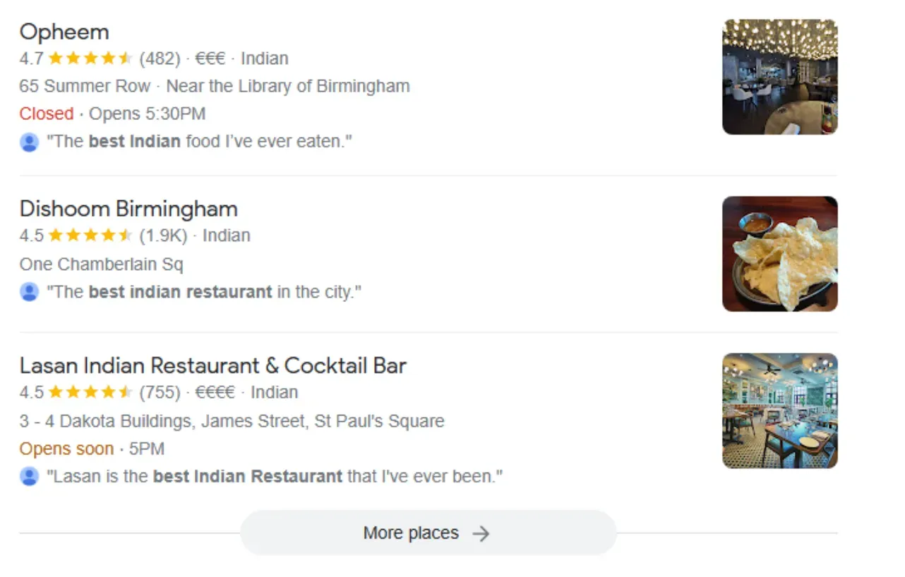 Local search engine rankings for “best Indian restaurants in Birmingham
