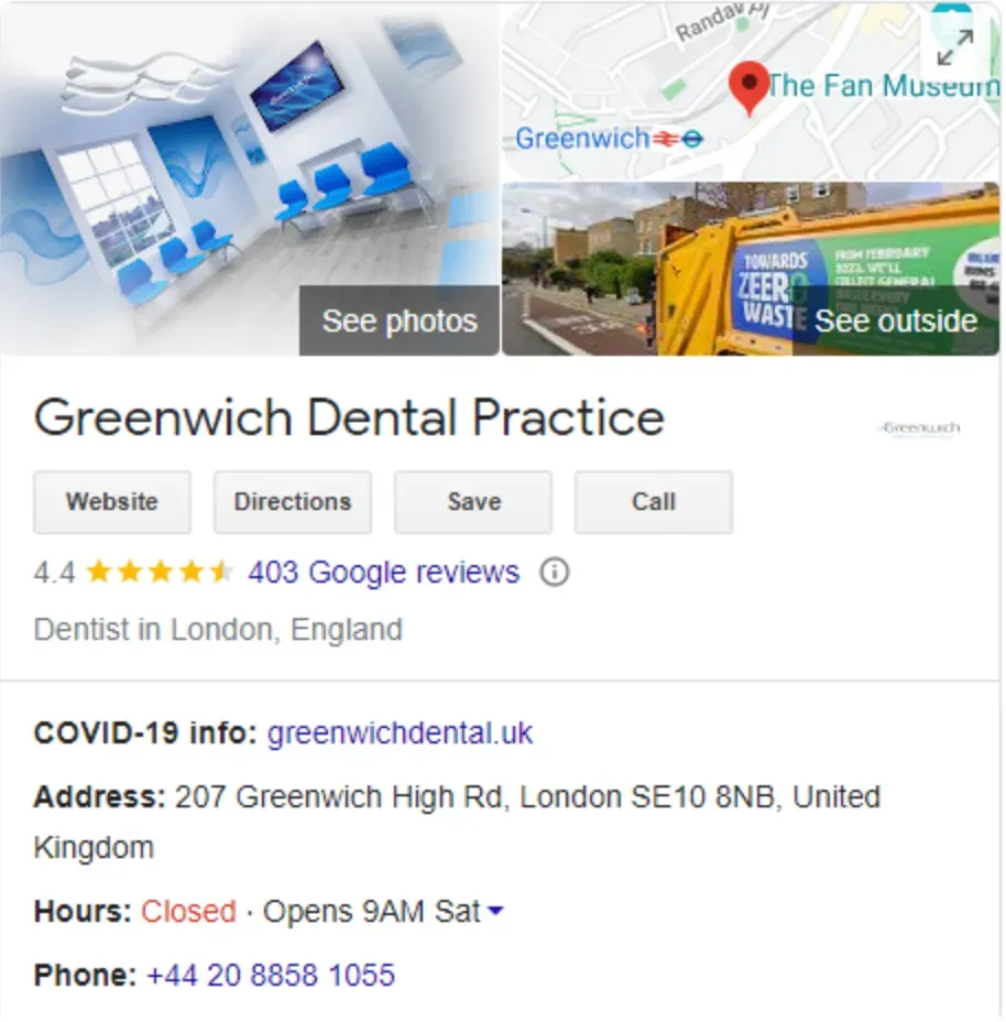 A dental practice whose Google Business Profile appears for local search “greenwich dental practice