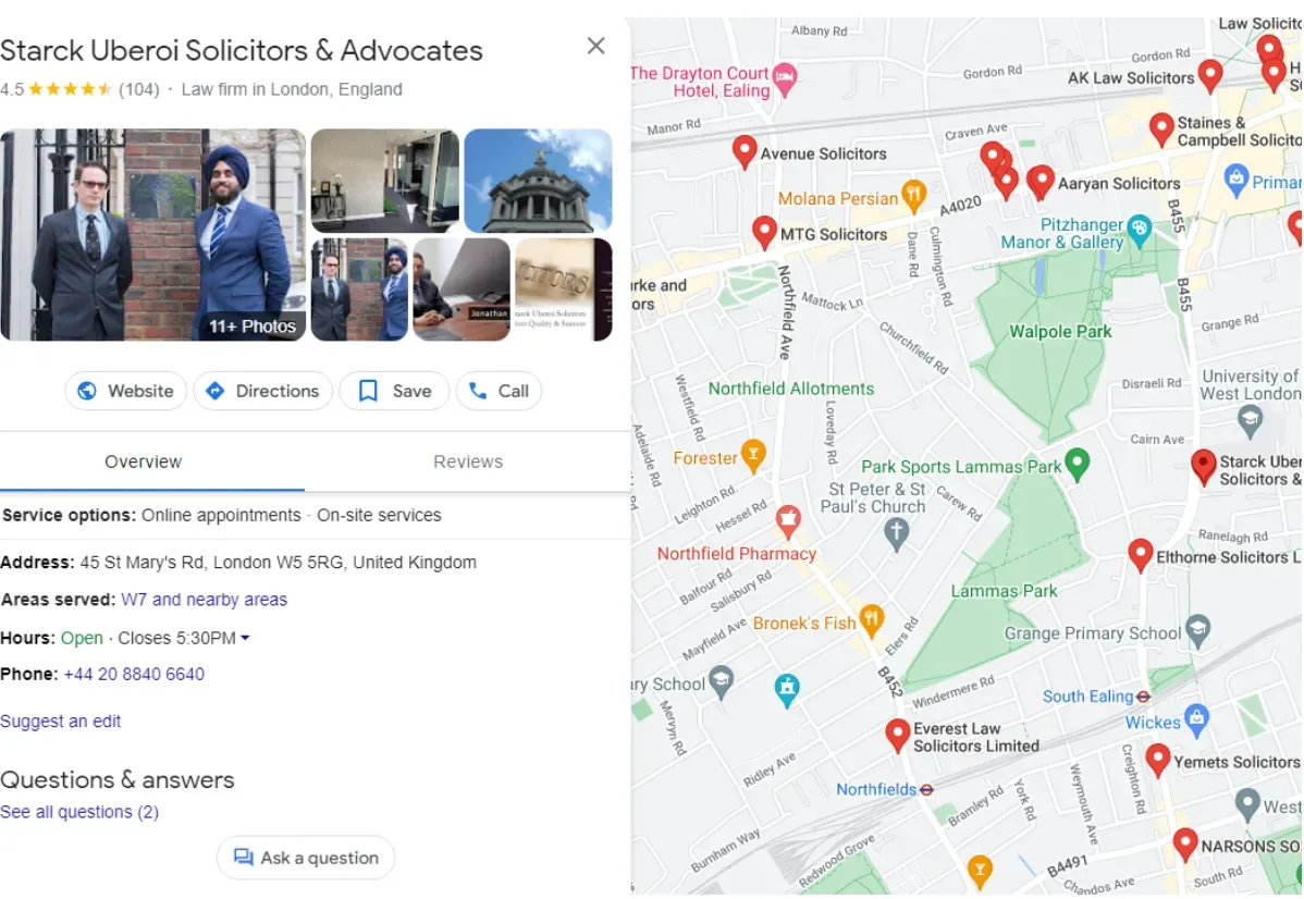 A London law firm‘s profile on Google Maps