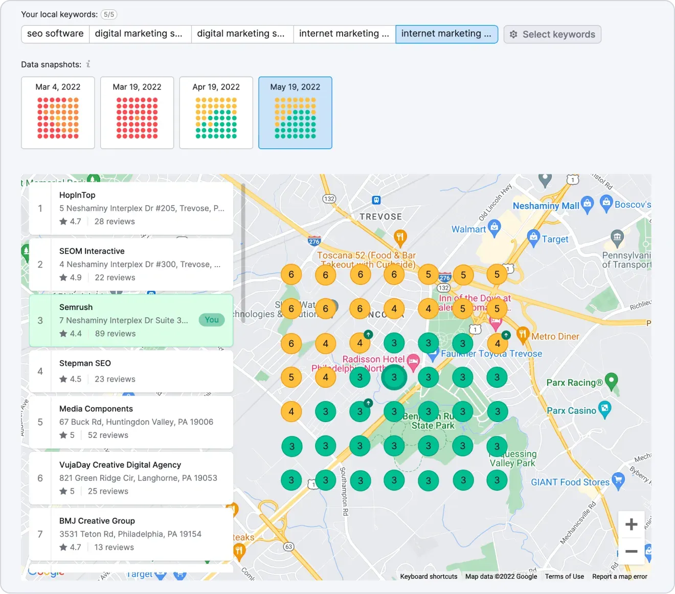 Semrush’s Review Management tool’s Heatmap shows your position based on location