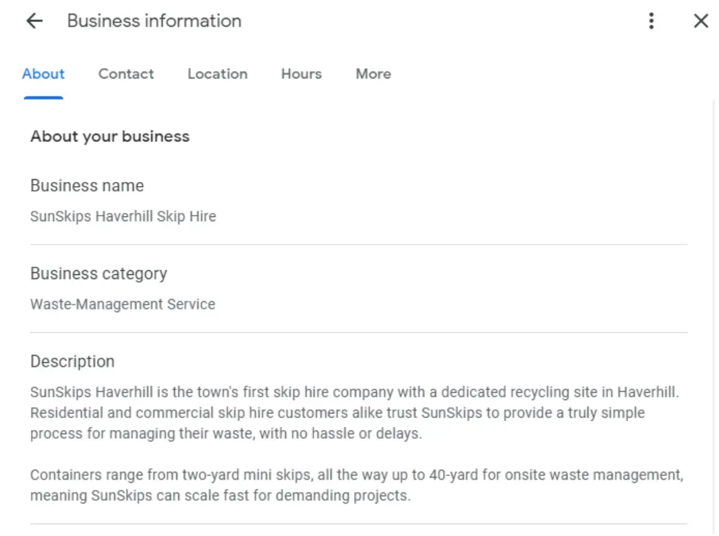The editing interface for Google Business Profile