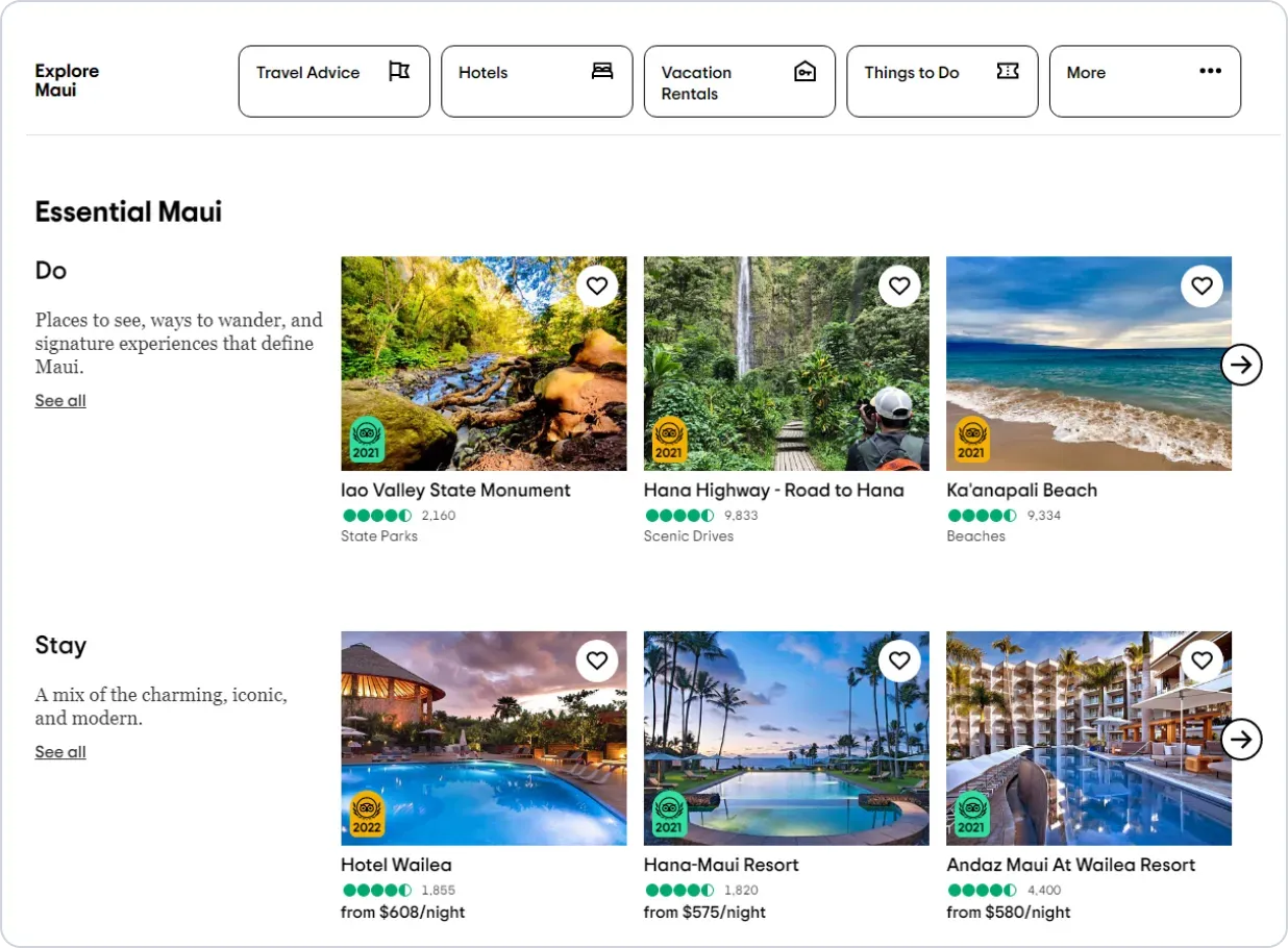 Destaques de hotéis e local no Tripadvisor