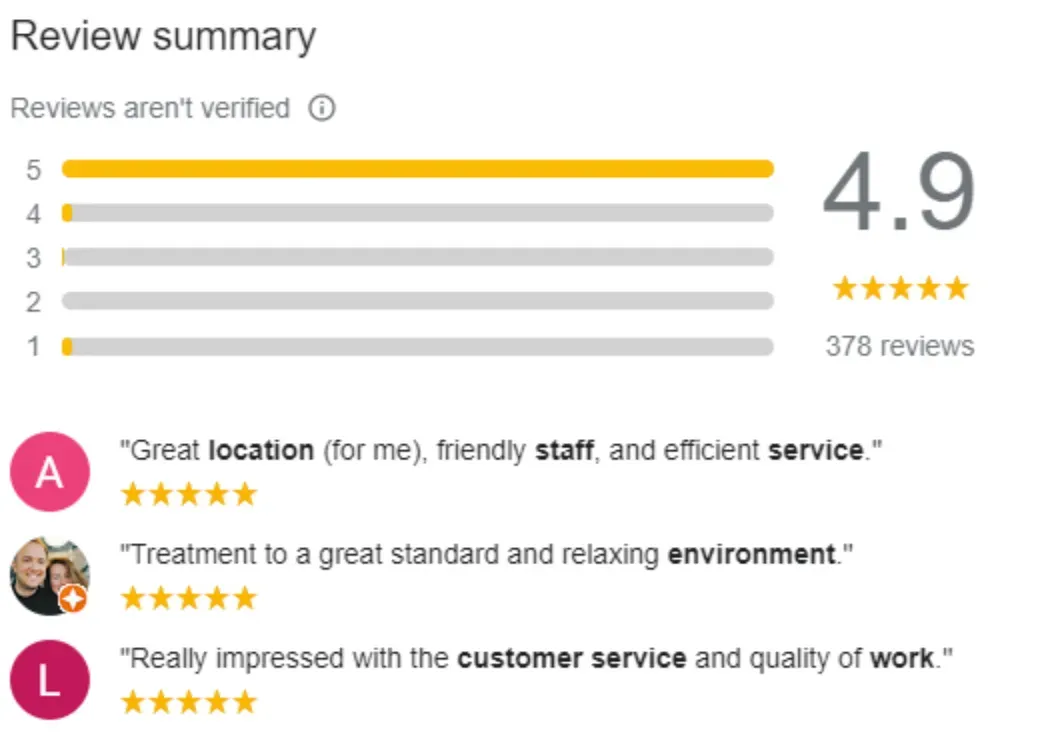 A Google Maps review summary and selection of reviews for a local dental surgery