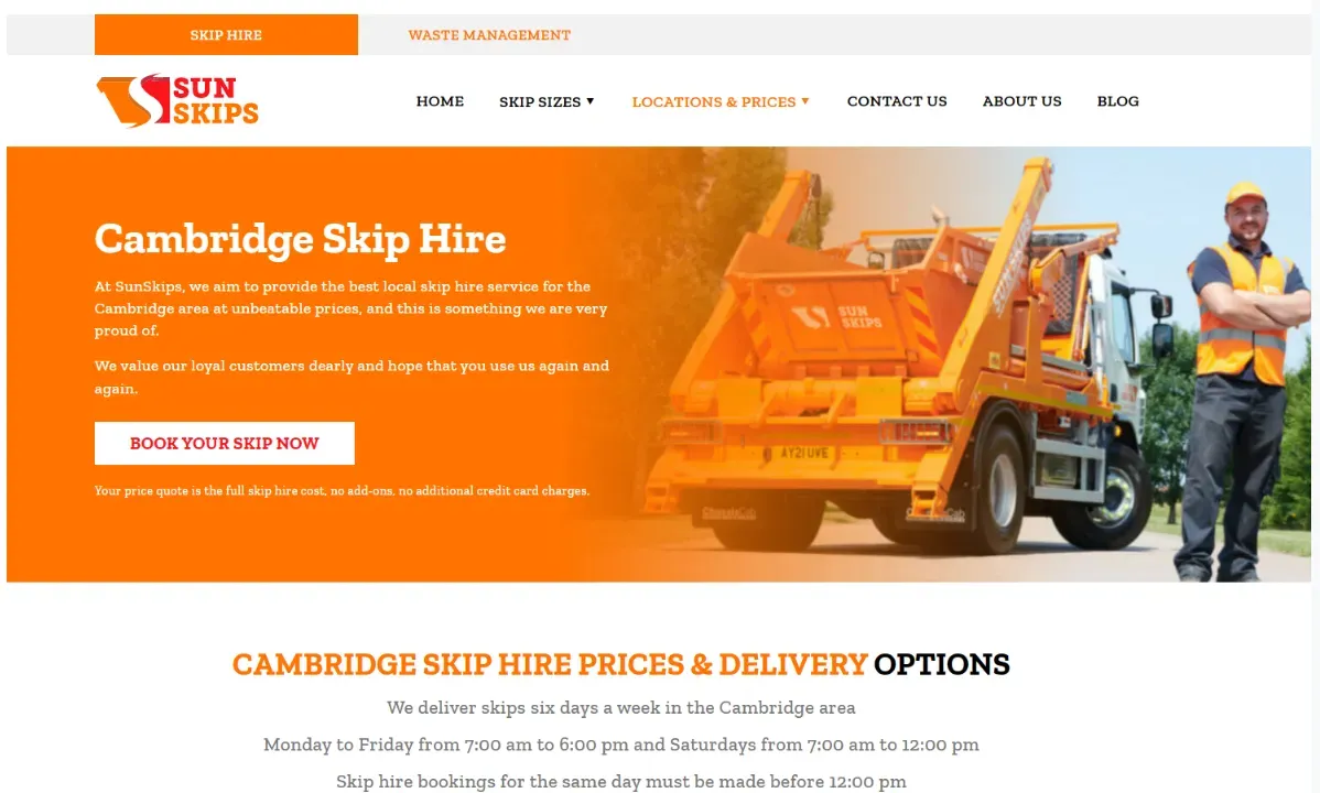 A location-specific landing page for a skip hire business in England