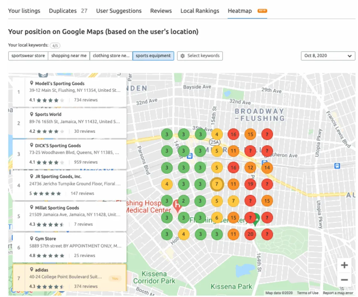 La vista Heatmap dello strumento Listing Management di Semrush che mostra i risultati del ranking locale di Google