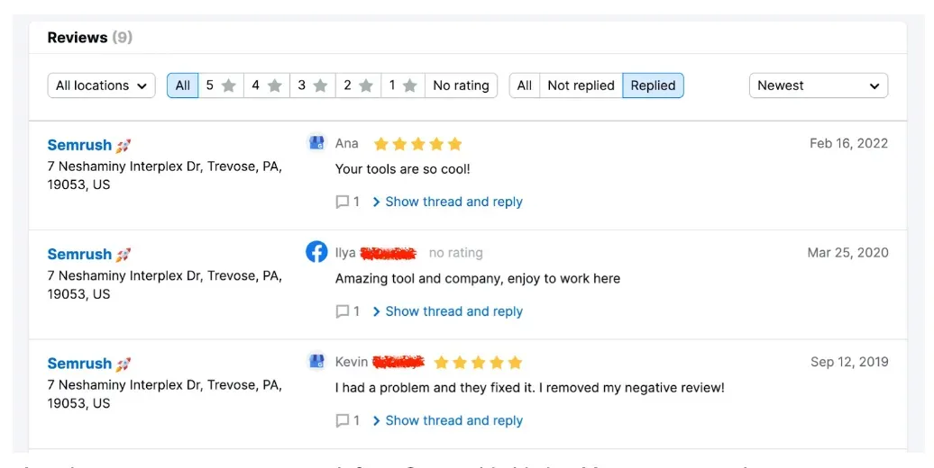 A review management screengrab from Semrush’s Listing Management tool