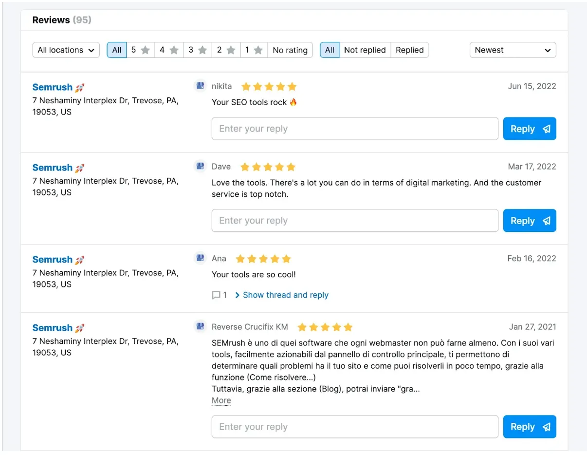 Reviews from Google Business Profile shown in Semrush’s Listing Management tool