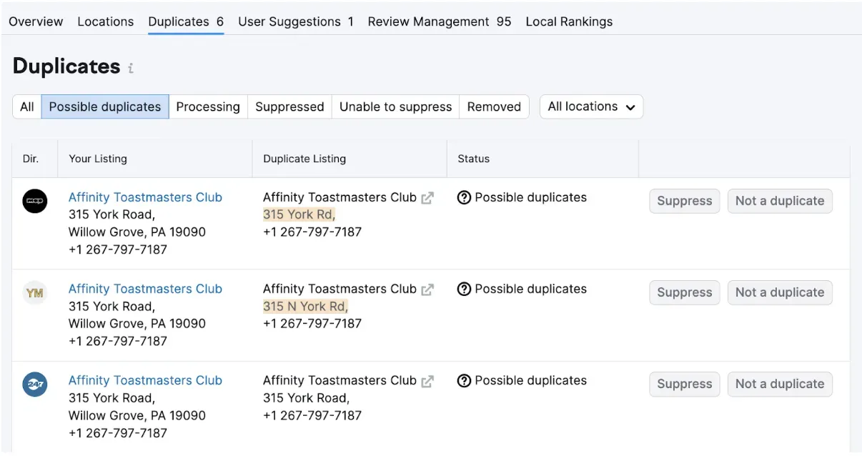 Listing Management’s duplicates interface