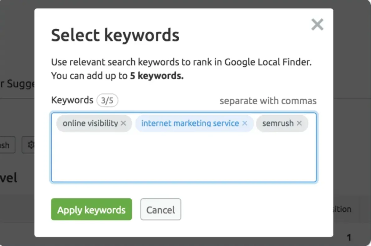 The keyword selection screen of Semrush’s local SERP checker, Listing Management